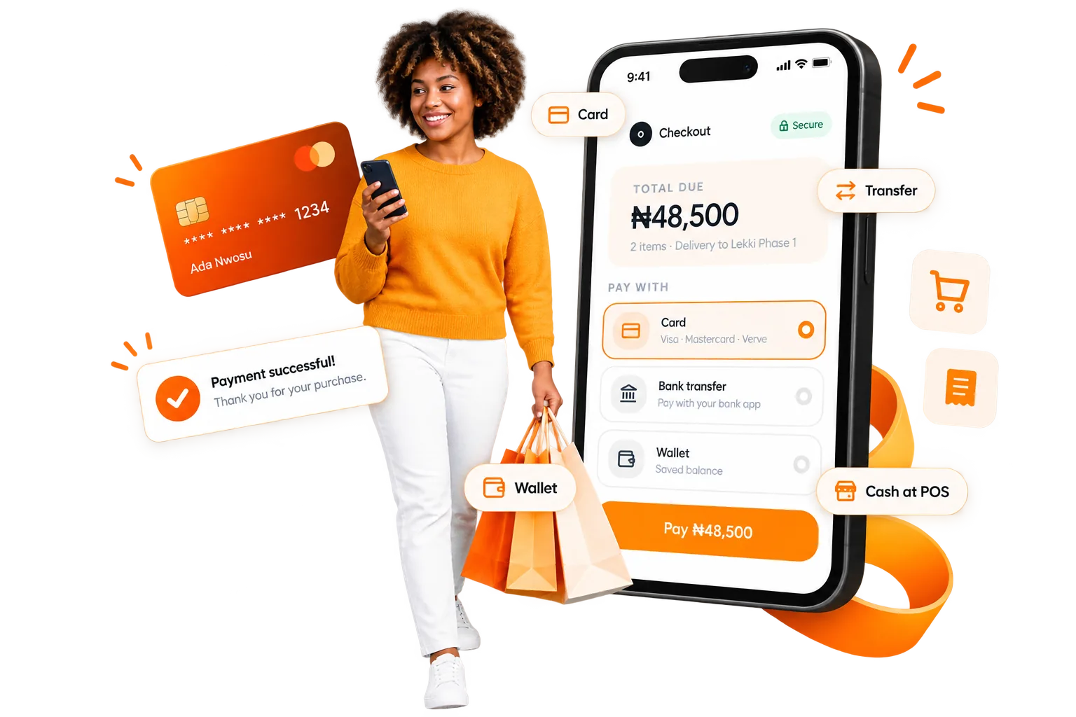 A checkout screen with card, transfer, wallet and cash-at-POS payment options, beside a customer completing payment on her phone